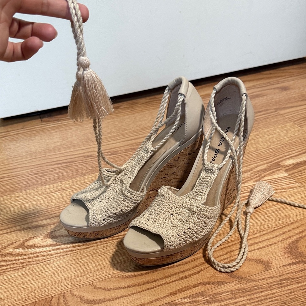 Moda Spana Tan Crochet Wedge Sandals